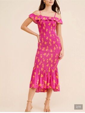 Anthropologie Pink and Smocked Yellow Off-Shoulder Floral Midi Dress